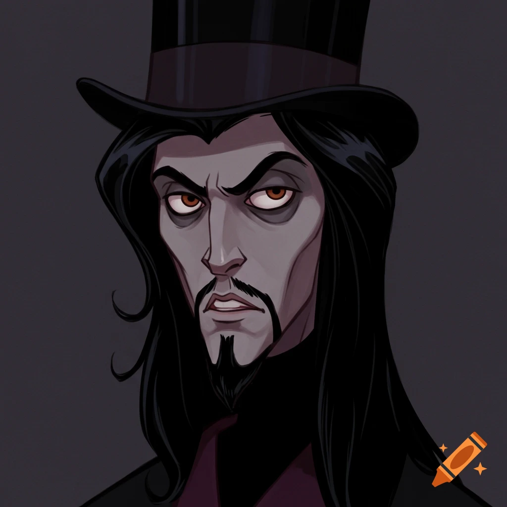 Illustration of a villainous man with long black hair and goatee wearing a top hat.