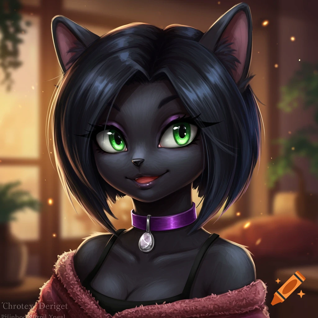 Portrait of a black anthropomorphic cat with green eyes, purple choker, and pink fluffy sweater in a warm-lit room.