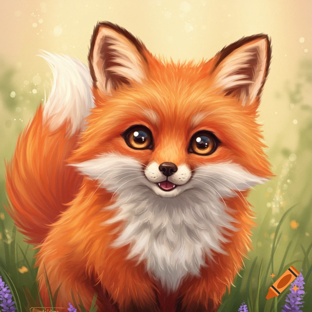 Cute stylized illustration of an orange fox sitting in a field.