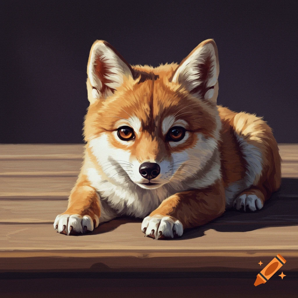 An illustrative rendering of a puppy laying on a wooden surface.