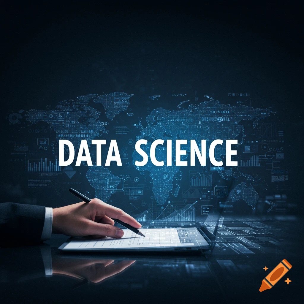 A hand uses a stylus on a digital tablet with the words DATA SCIENCE over a background of data graphics and a map.