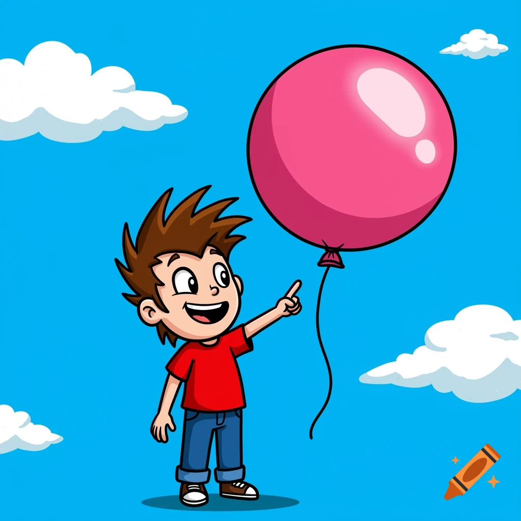 Cartoon boy points at a pink balloon in a blue sky