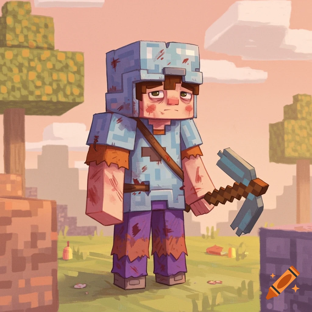 Illustration of a sad, dirty Minecraft character in armor holding a pickaxe in a blocky landscape.