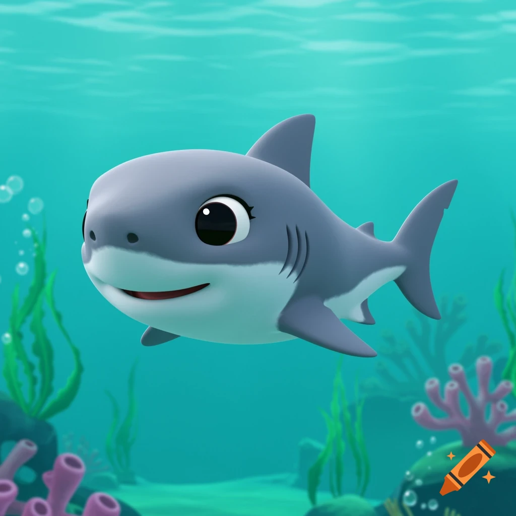 Cartoon baby shark swims underwater.