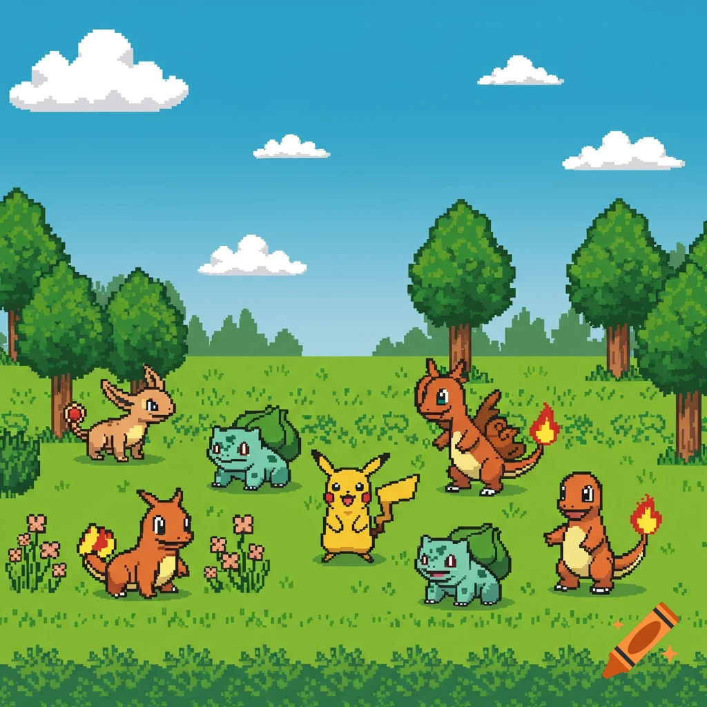 A pixel art landscape featuring Pikachu, Bulbasaur, Charmander, Eevee, and Charmeleon standing in a grassy field with trees and clouds.