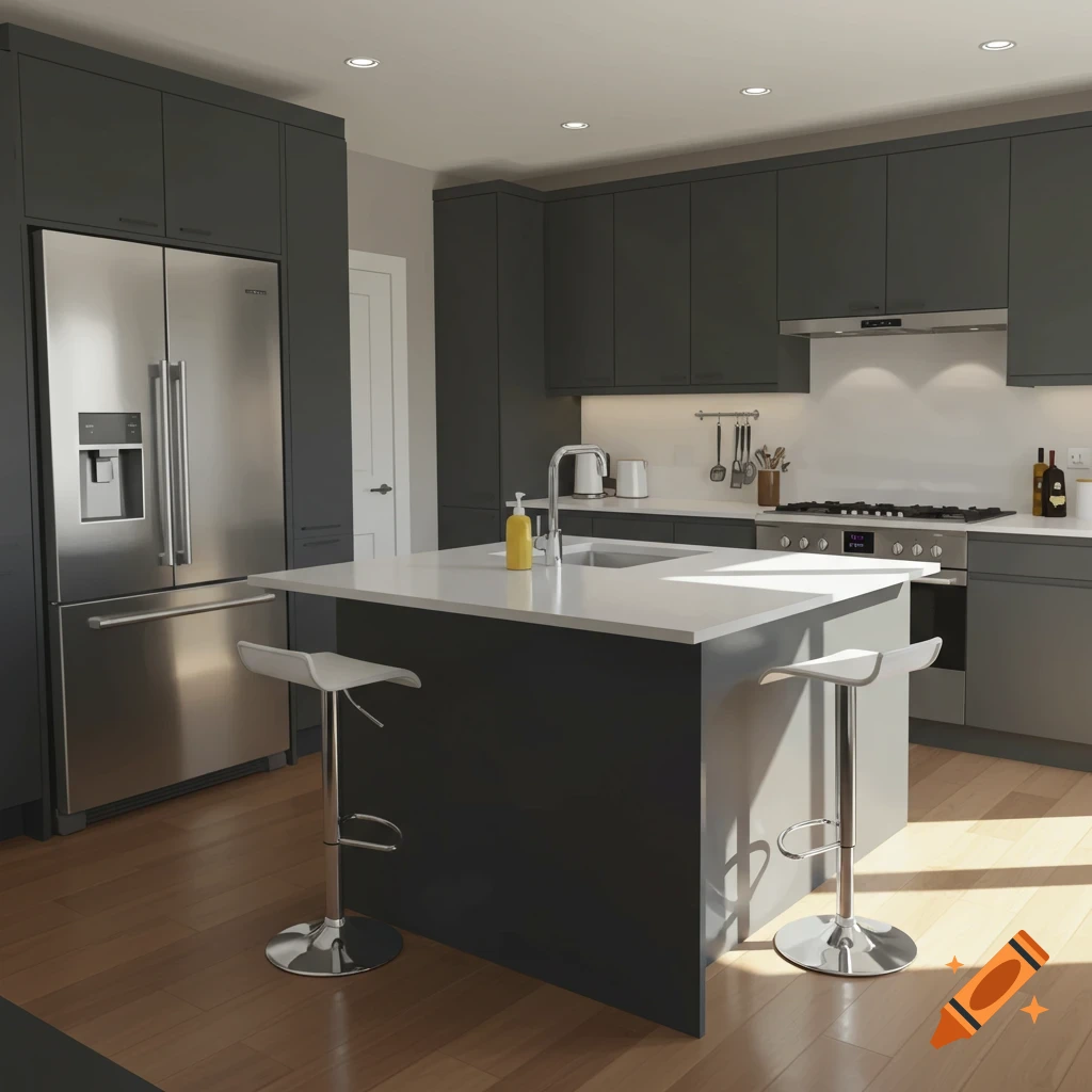 A modern kitchen with dark gray cabinets, a white island, stainless steel appliances, and wood floors.