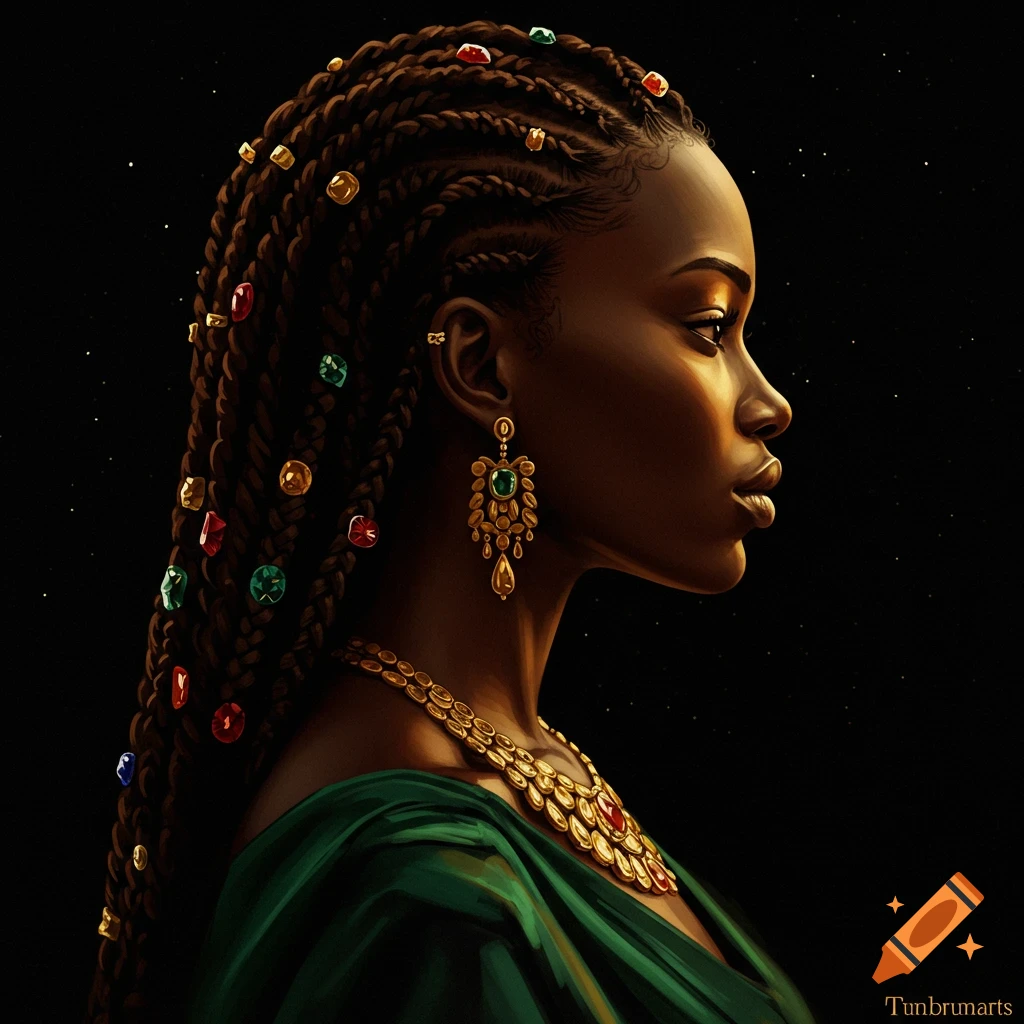 Digital art portrait of a woman with elaborate braided hair adorned with jewels, wearing gold earrings and necklace against a starry background.