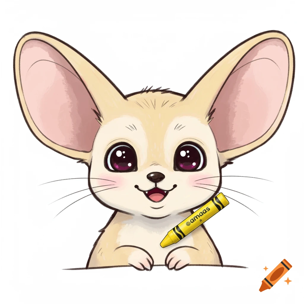 A cute cartoon fennec fox peeking over a surface, holding a yellow crayon.