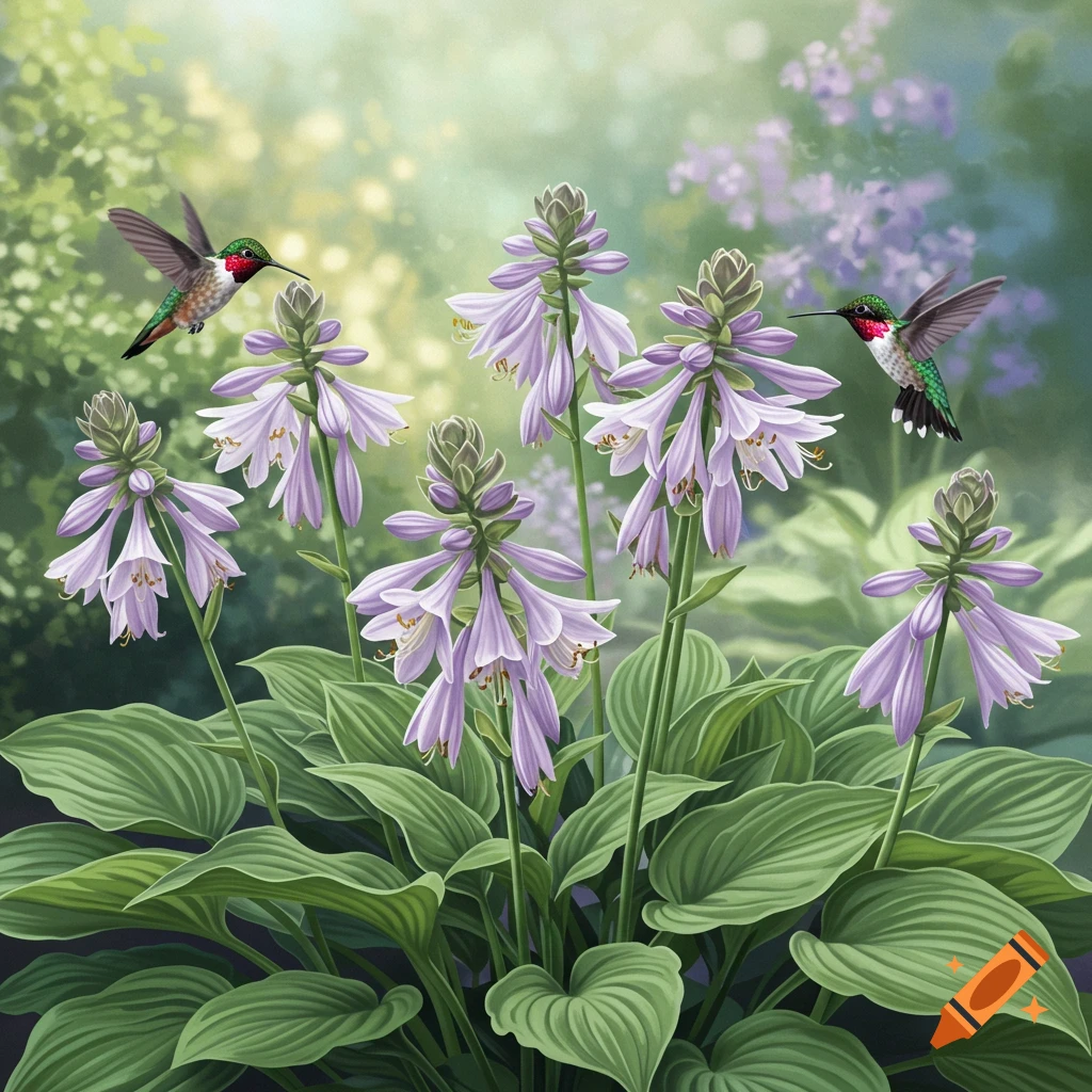 Two hummingbirds fly near purple hosta flowers in a lush garden.
