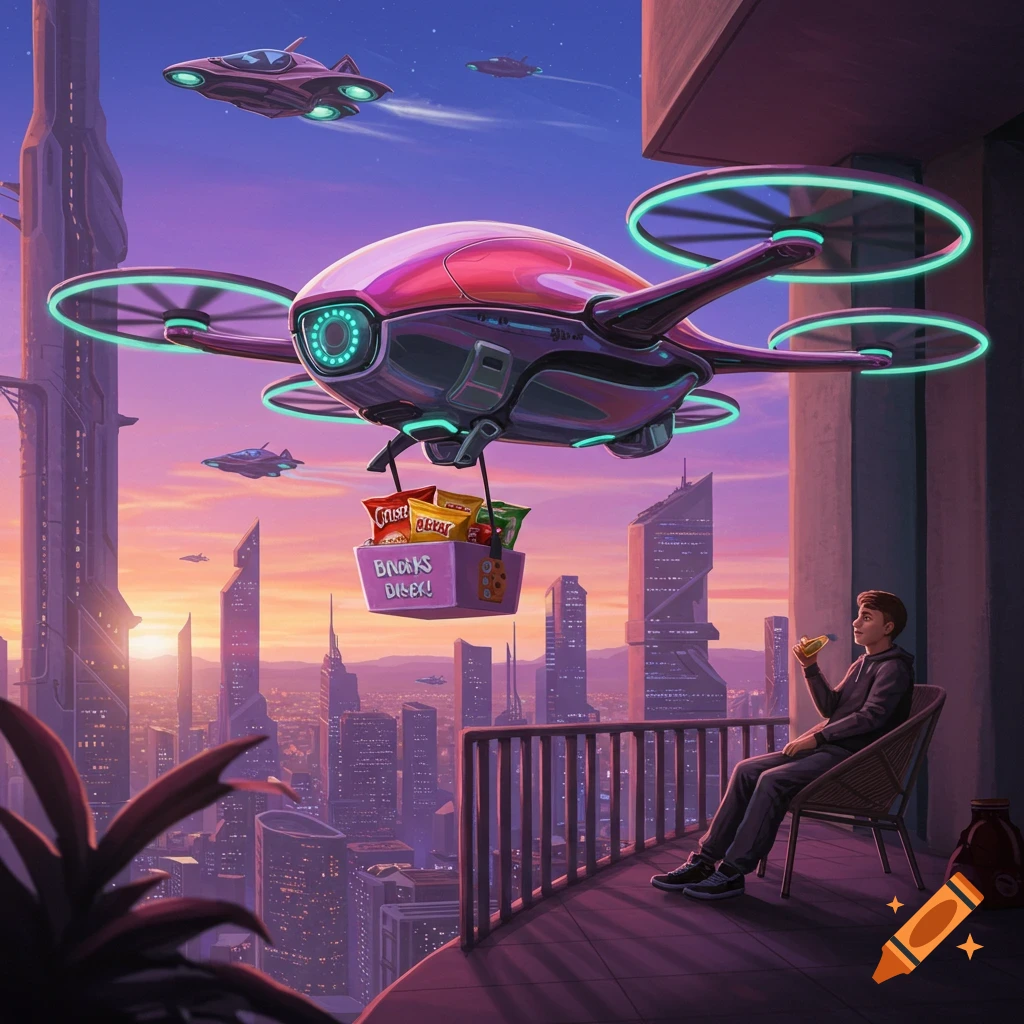 A futuristic drone delivers a box of snacks to a person on a balcony overlooking a city at sunset.