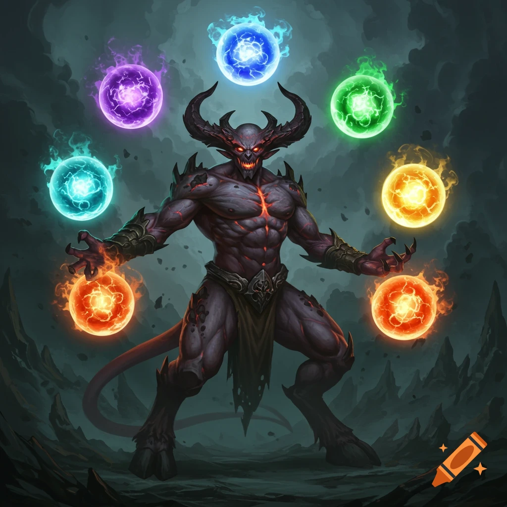 A demon figure with horns stands surrounded by six glowing multicolored energy orbs in a dark fantasy landscape.