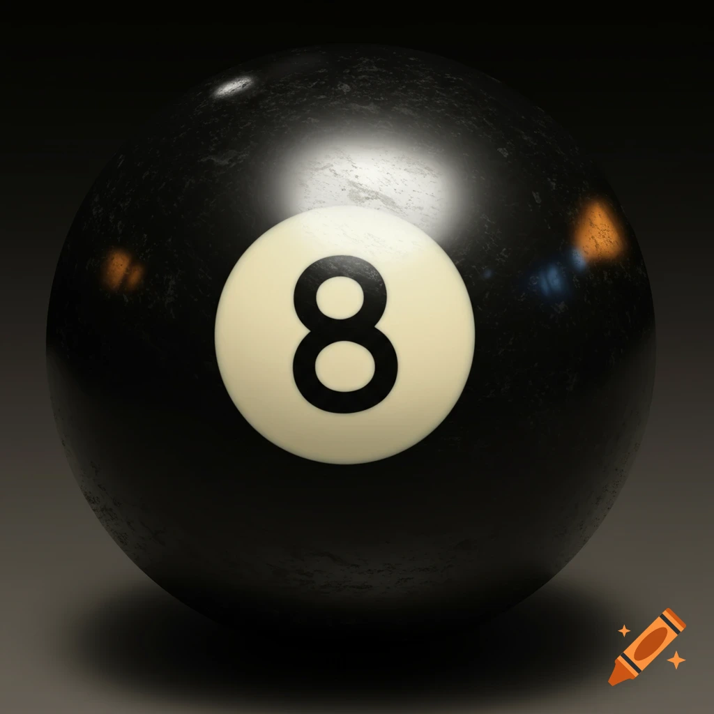 A close-up, photorealistic image of a black 8-ball.