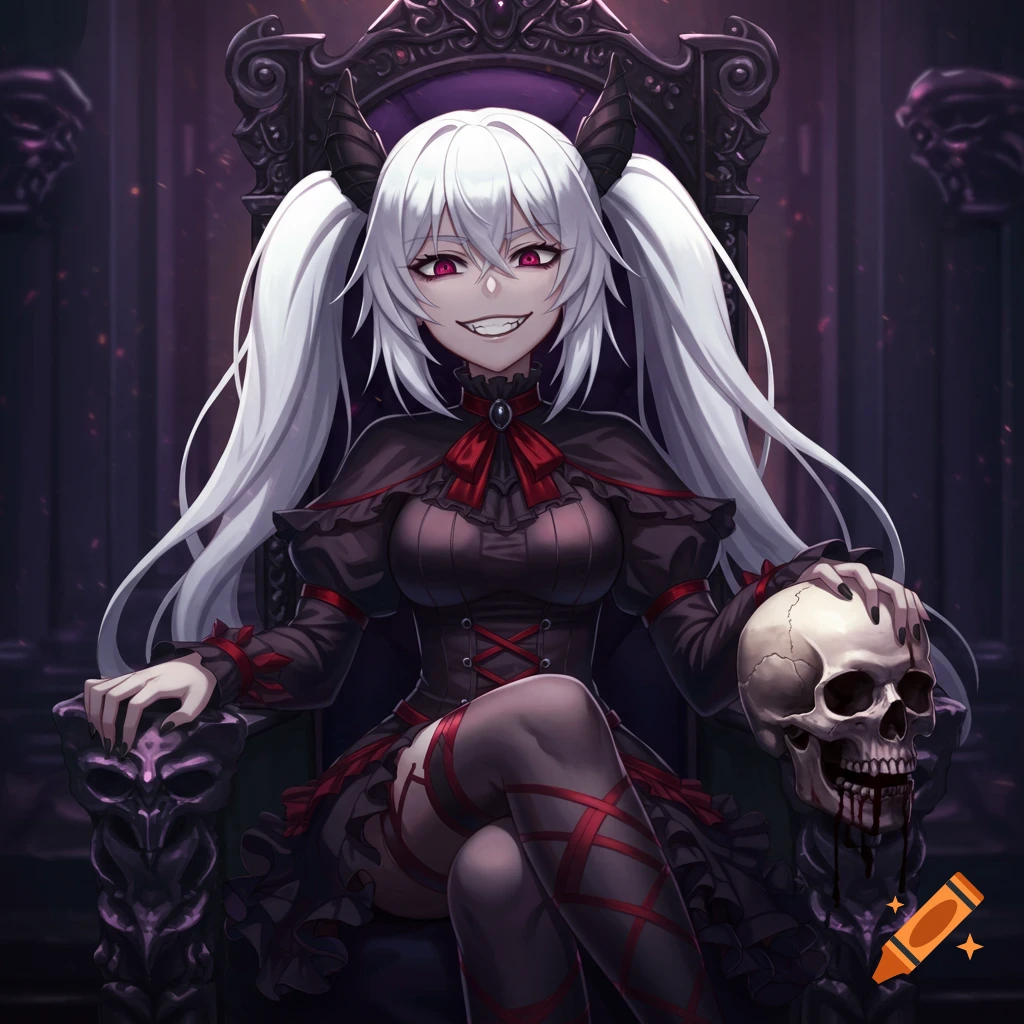 Anime girl with white hair, red eyes, and a black dress sits on a dark throne, holding a skull.