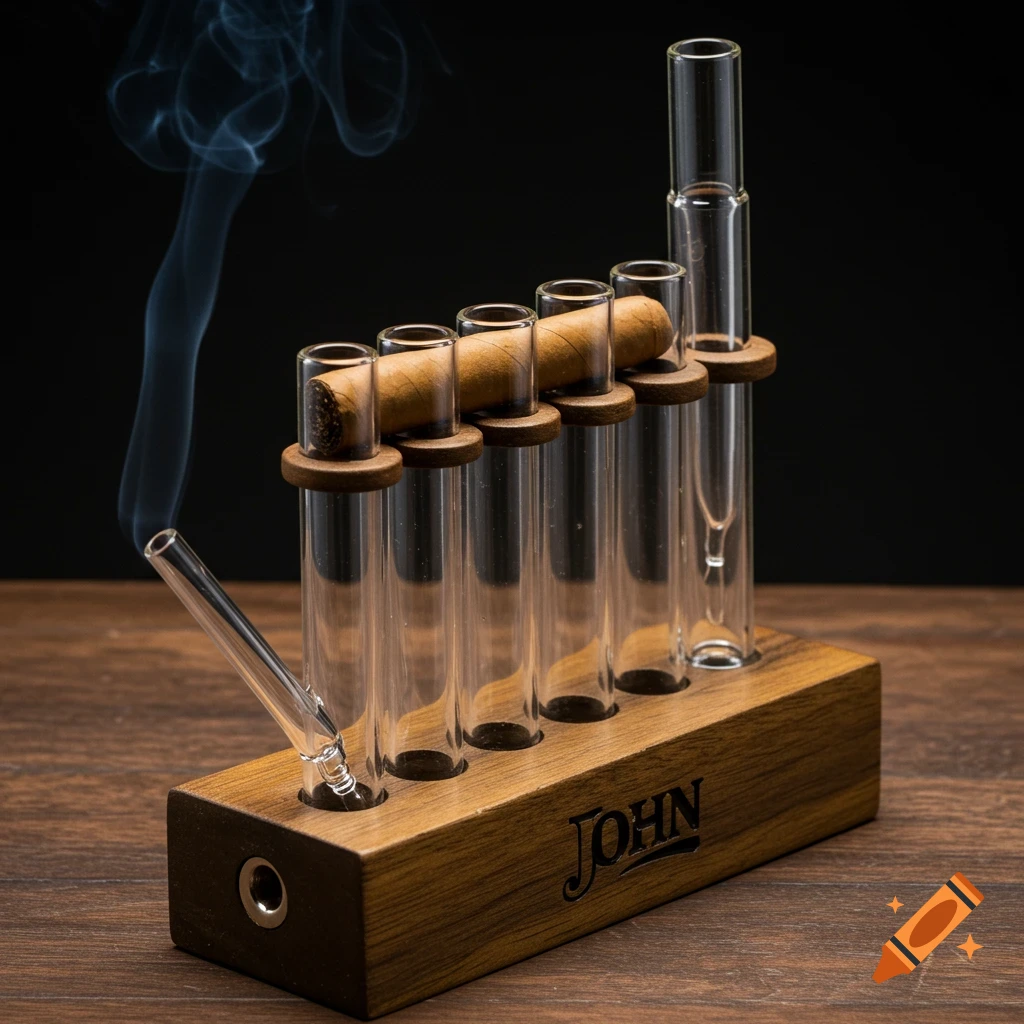Photorealistic image of a wooden cigar holder with glass tubes, holding cigars and smoke