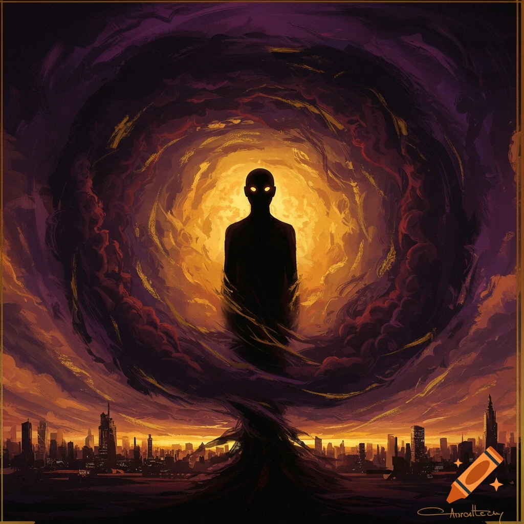 A dark silhouetted figure with glowing eyes emerges from a swirling vortex above a city skyline at sunset, abstract painting style.