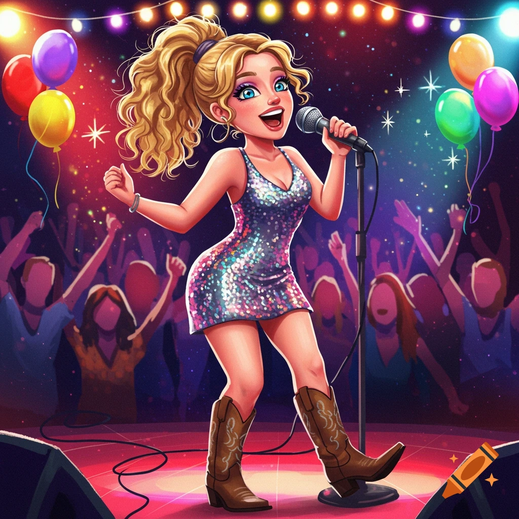 A cartoon singer in a sparkly dress and cowboy boots performs on stage at a concert with a crowd in the background.