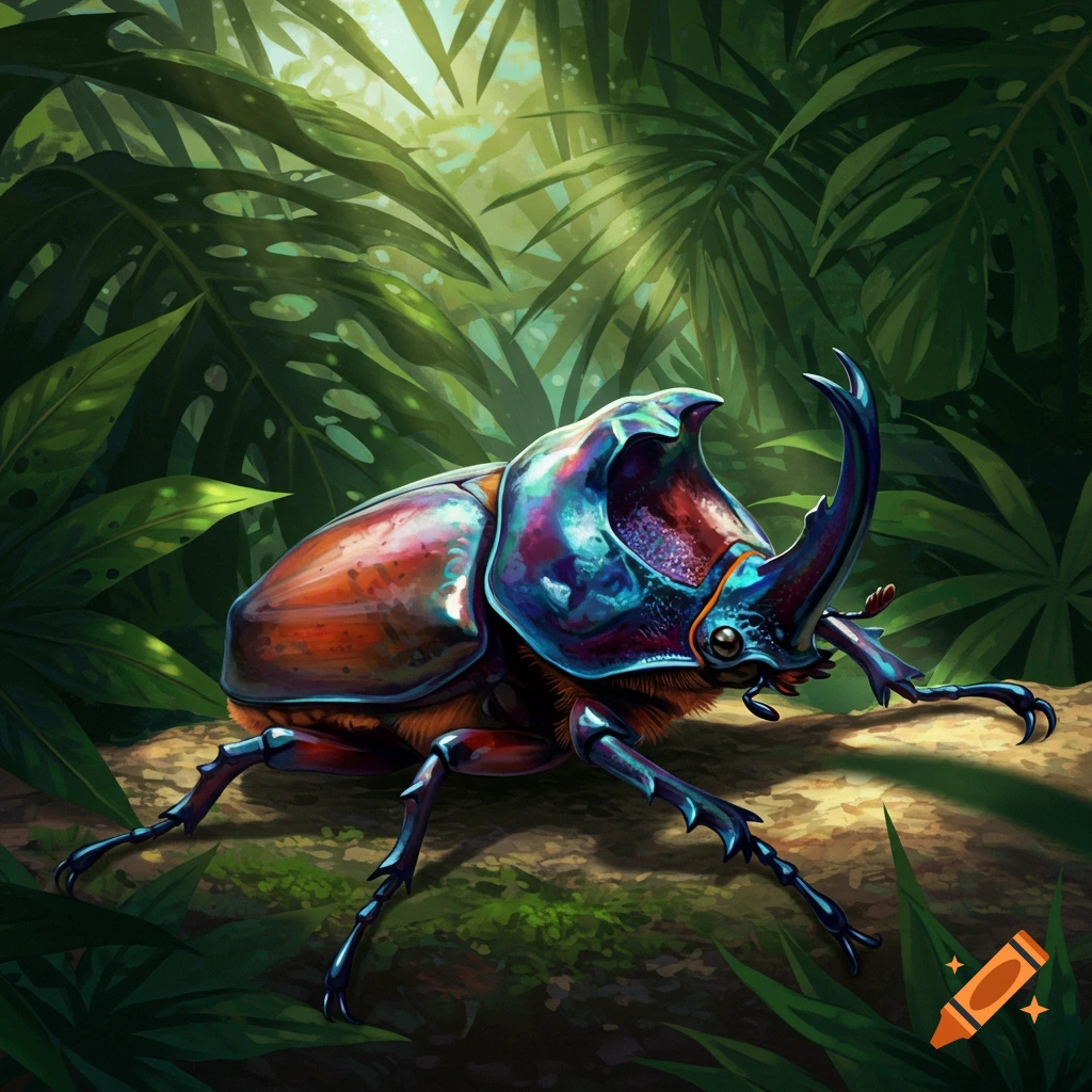 A brightly colored, iridescent rhinoceros beetle stands on a log in a sunlit jungle clearing.