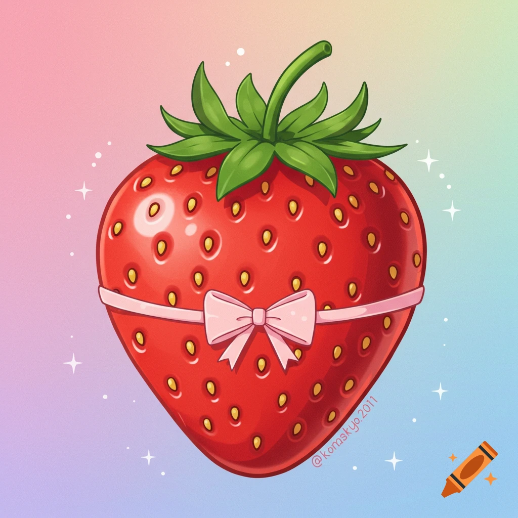 Cute illustration of a strawberry tied with a pink bow on a pastel gradient background.