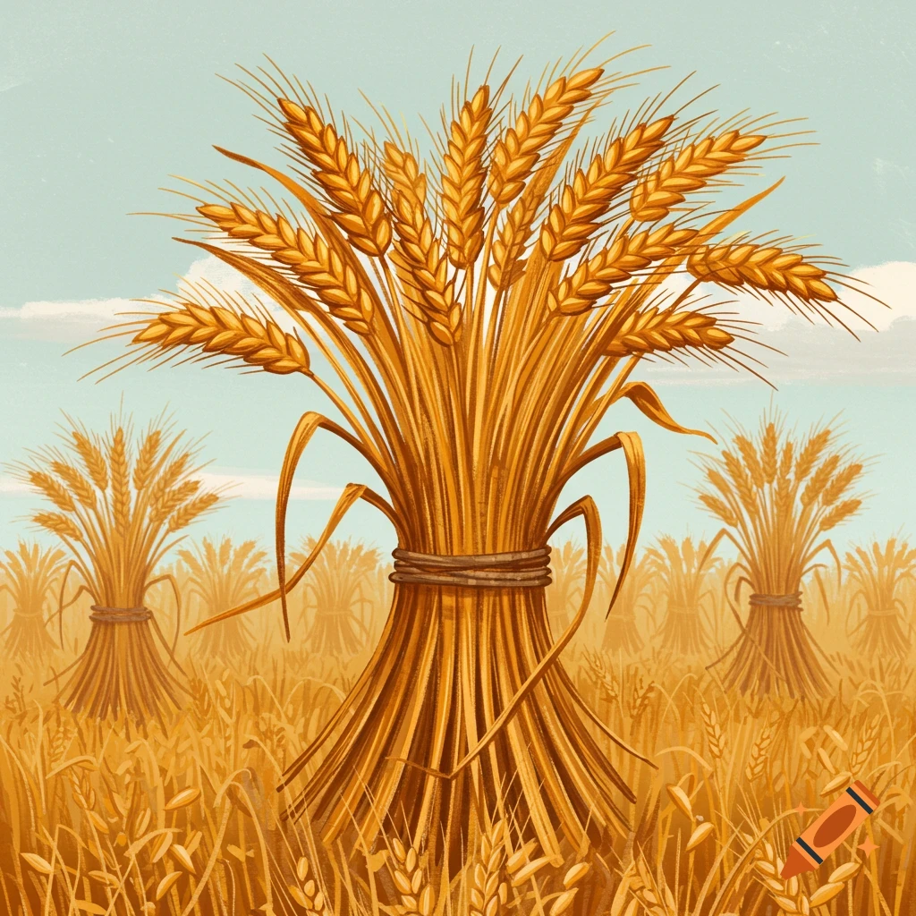 Illustration of multiple sheaves of golden wheat standing in a sunny field.
