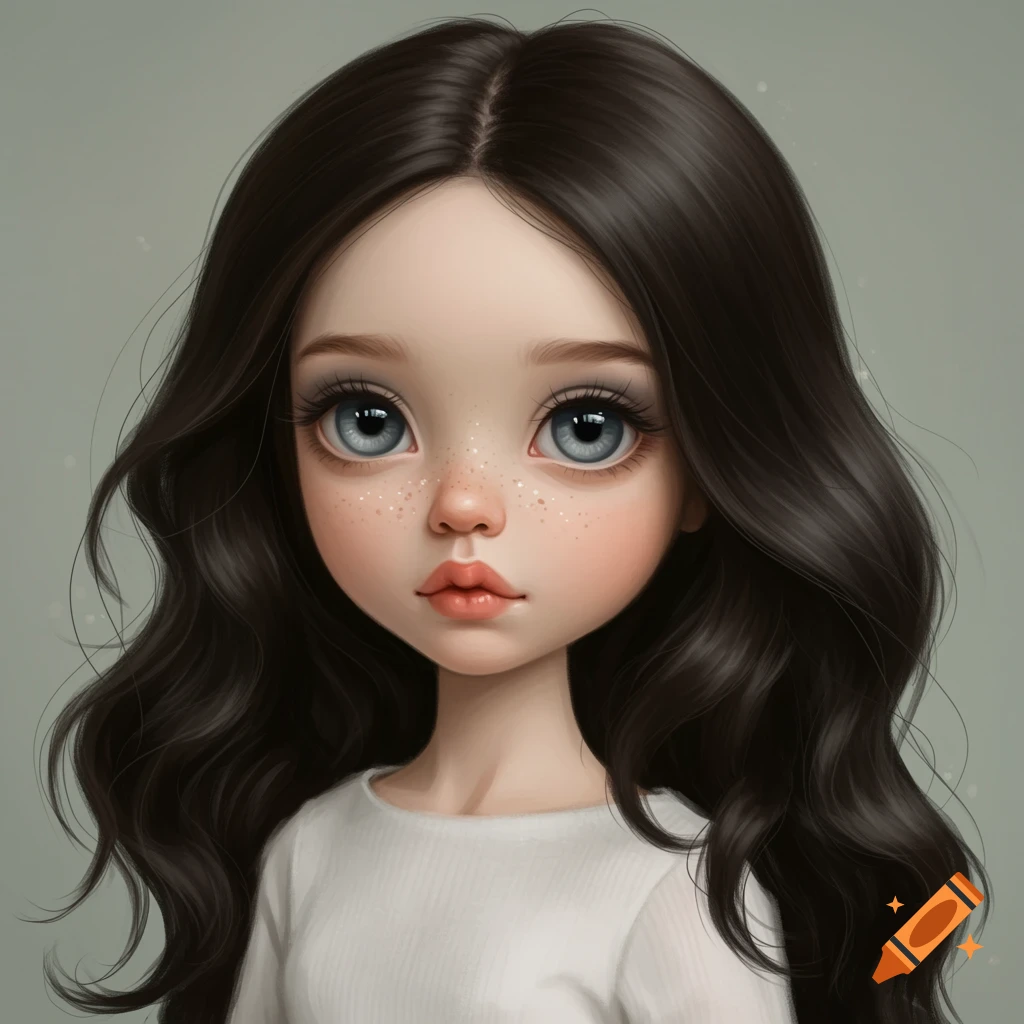 A close-up digital illustration of a doll-like girl with large blue eyes, dark hair, and freckles, wearing a white shirt.