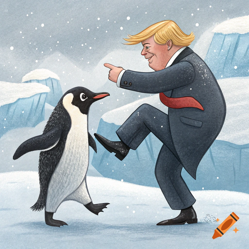 A political cartoon shows a person resembling Trump pointing and stepping towards a penguin in a snowy landscape.
