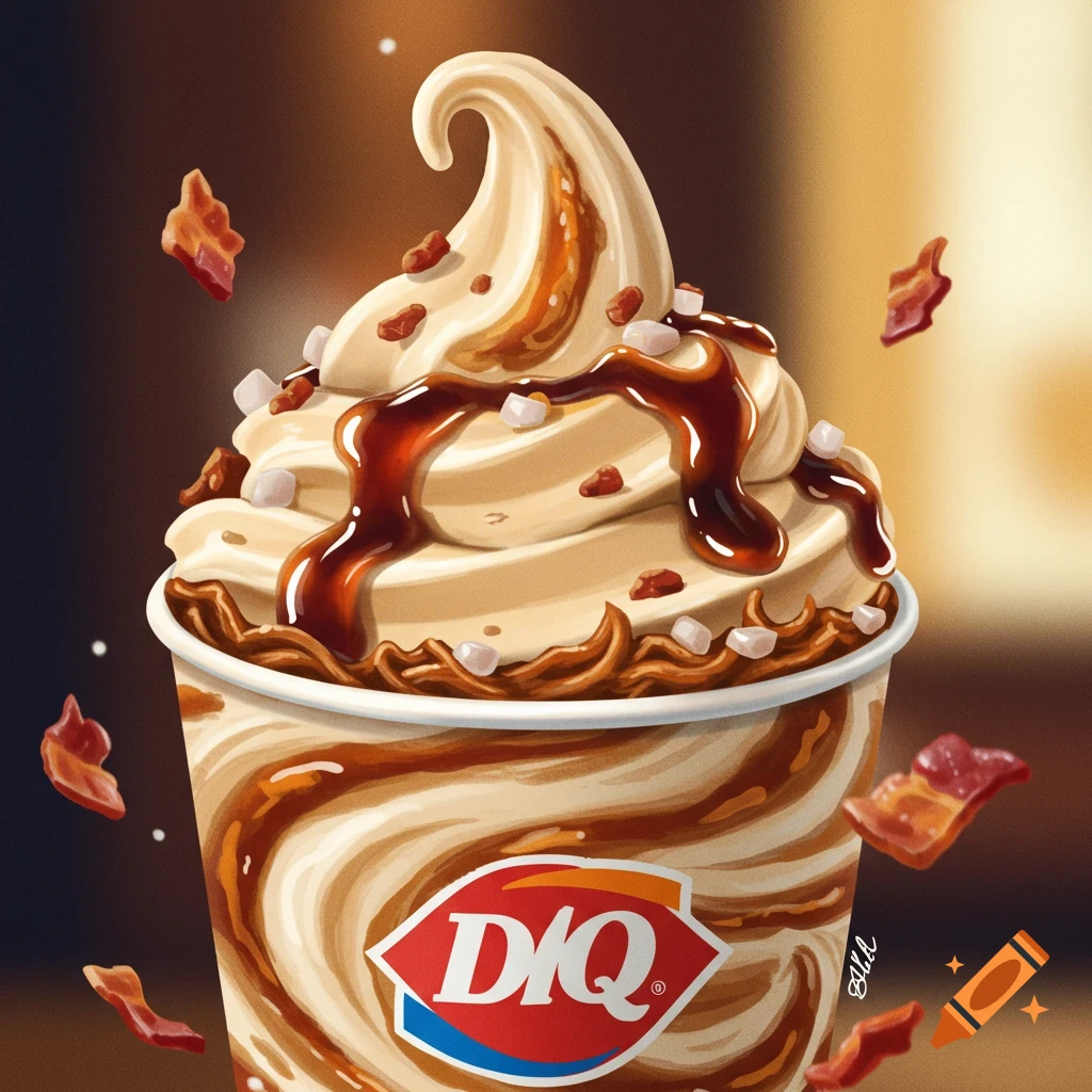 Illustration of a Dairy Queen ice cream treat in a cup, topped with caramel, sprinkles, and floating bacon bits.