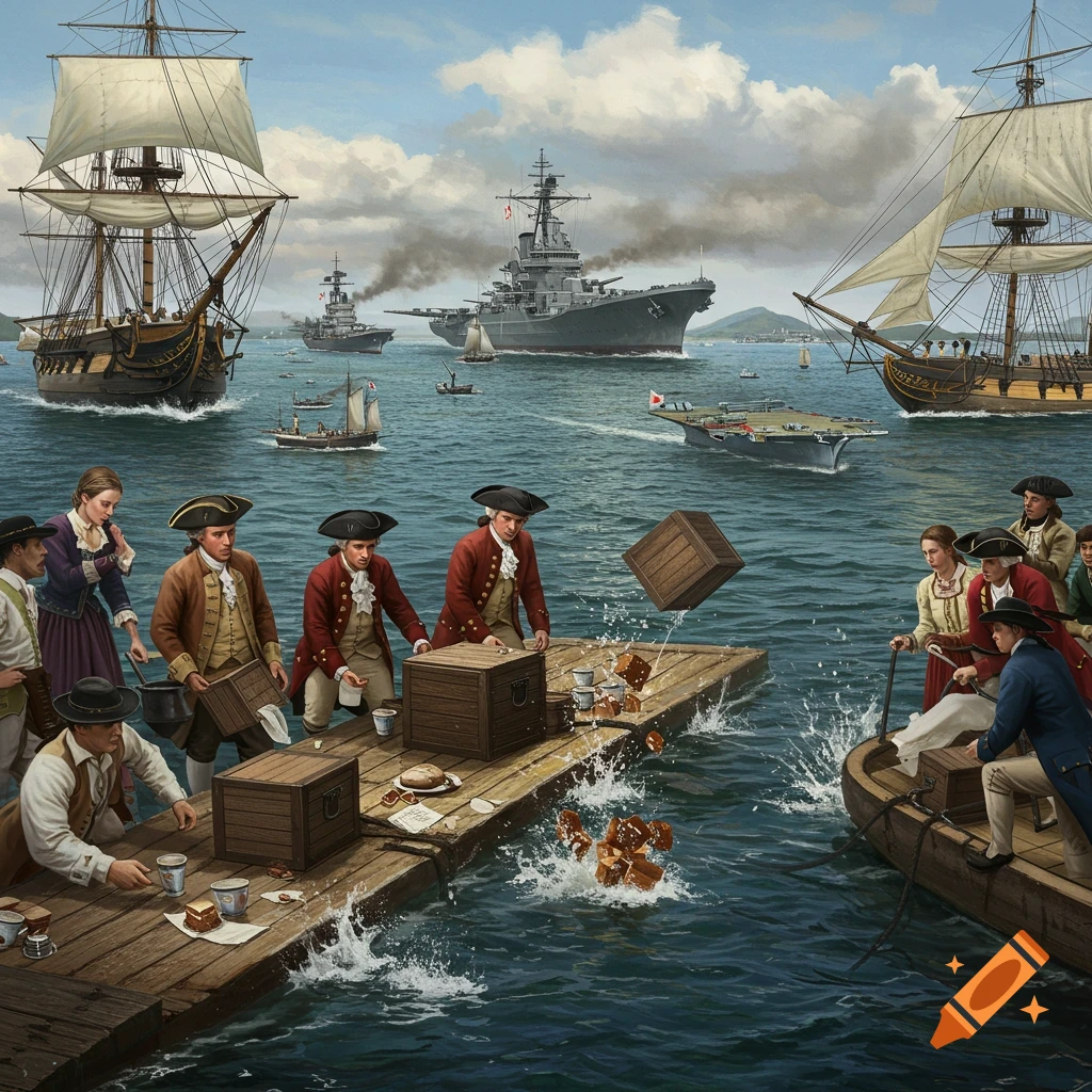 Historical figures throwing boxes into water from a dock, with sailing ships and modern warships in the background.