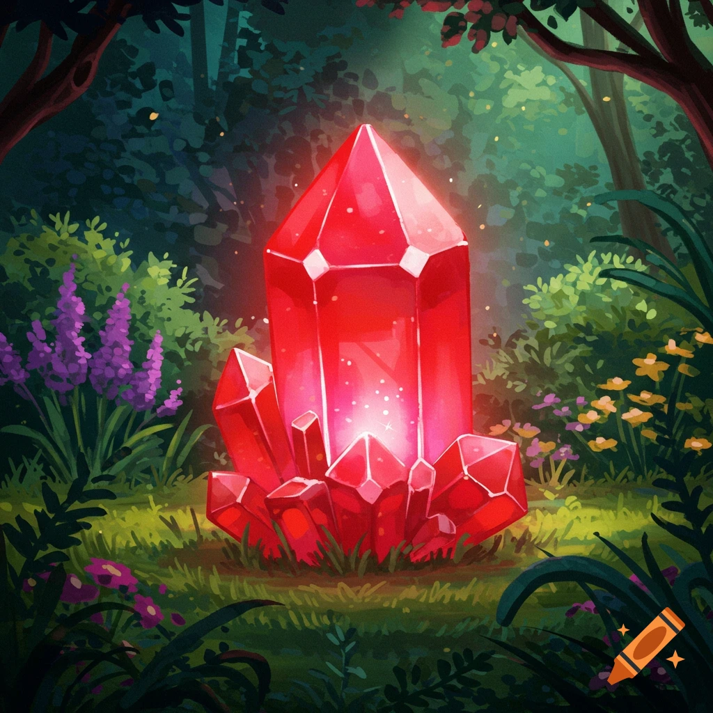 A vibrant red crystal glowing in a lush fantasy forest setting.