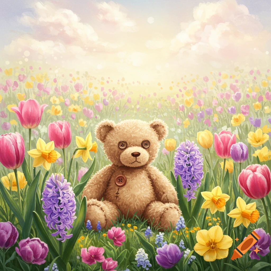 Teddy bear sits in a field of colorful spring flowers under a bright sky, watercolor illustration.
