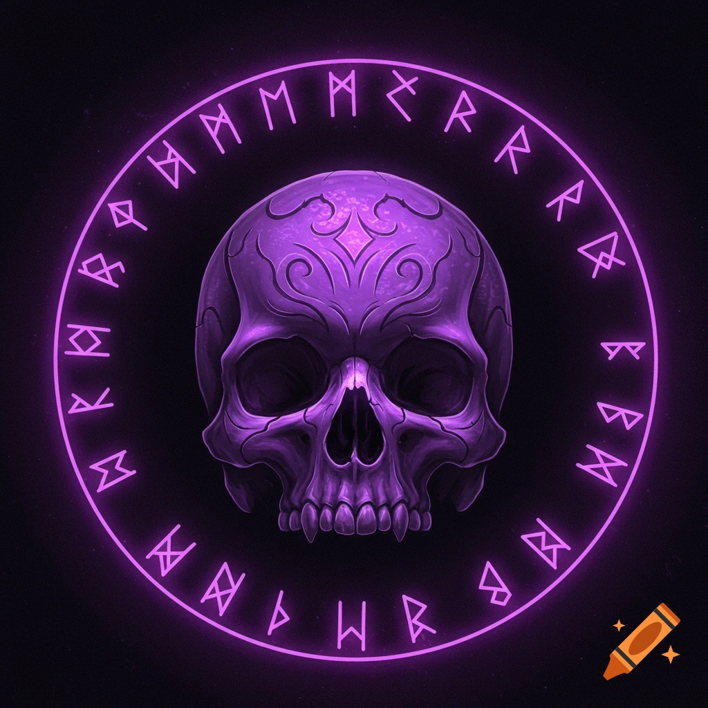 A stylized purple skull centered in a circle of glowing purple runes against a dark background.