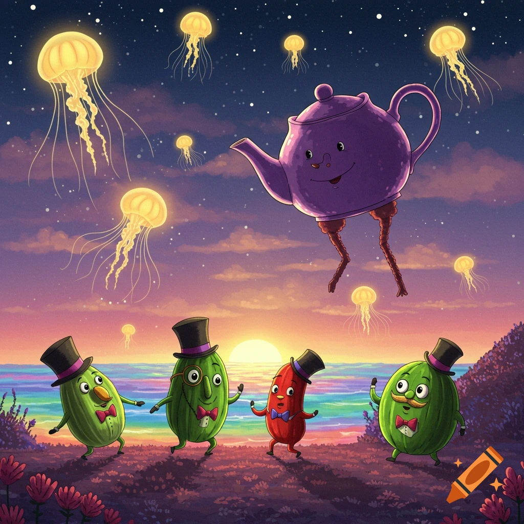 Whimsical cartoon characters on a beach at sunset with glowing jellyfish in the sky.
