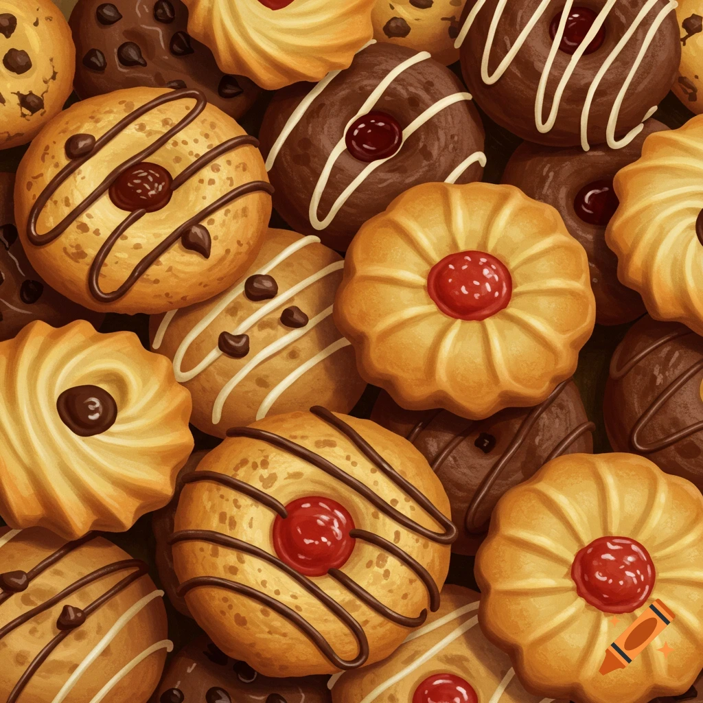 A close-up array of assorted decorated cookies