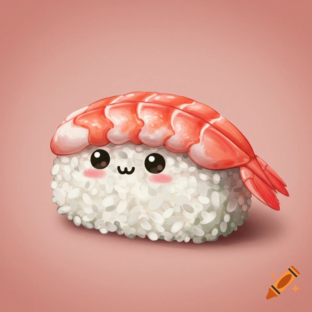 A cute illustration of a shrimp sushi roll with a smiley face.