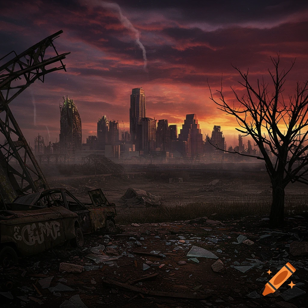 Apocalyptic cityscape at sunset with ruined buildings and wrecked cars in the foreground.