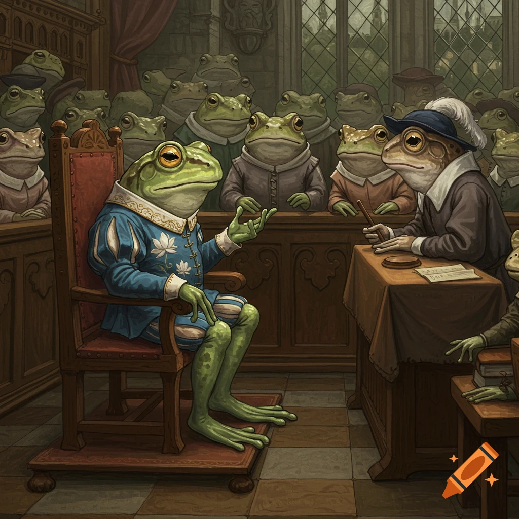 Anthropomorphic frogs in a medieval-style courtroom. One frog speaks from a chair, another sits at a desk.