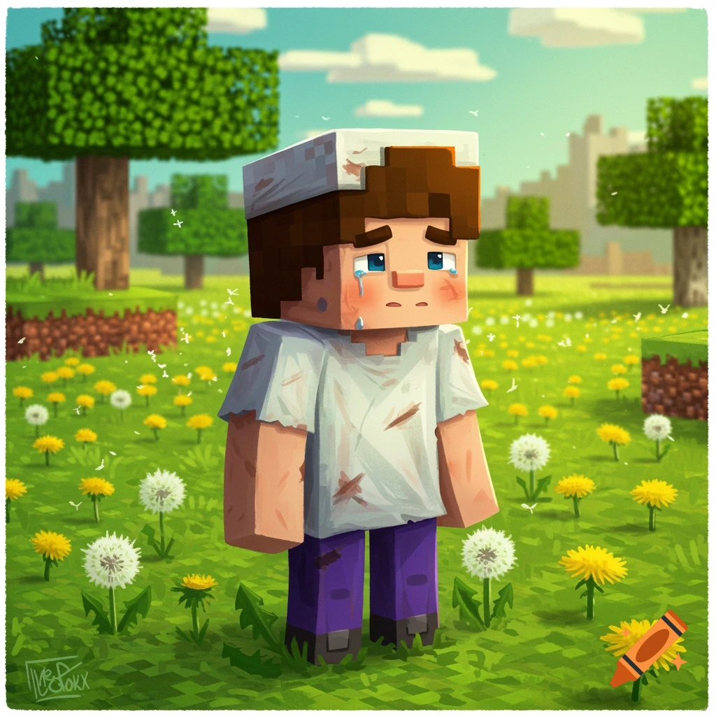 A sad, crying Minecraft character stands in a field of grass and flowers in a stylized illustration.