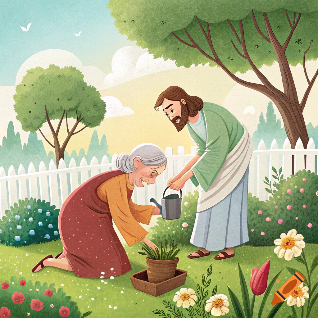 Illustration of an elderly woman gardening with Jesus watering a plant beside her.