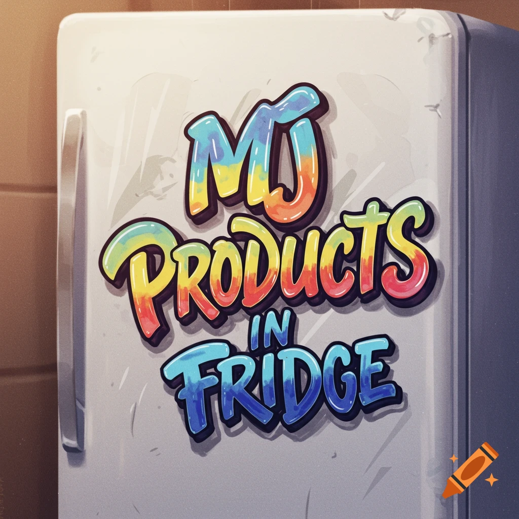 Cartoon text art on a refrigerator reading 'MJ Products in Fridge'.