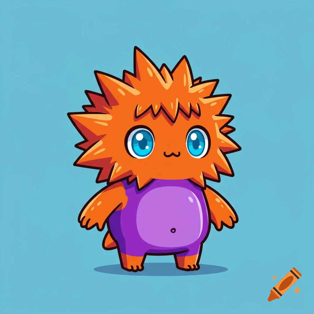 A cartoon monster with spiky orange hair, a purple body, and big blue eyes stands against a blue background.