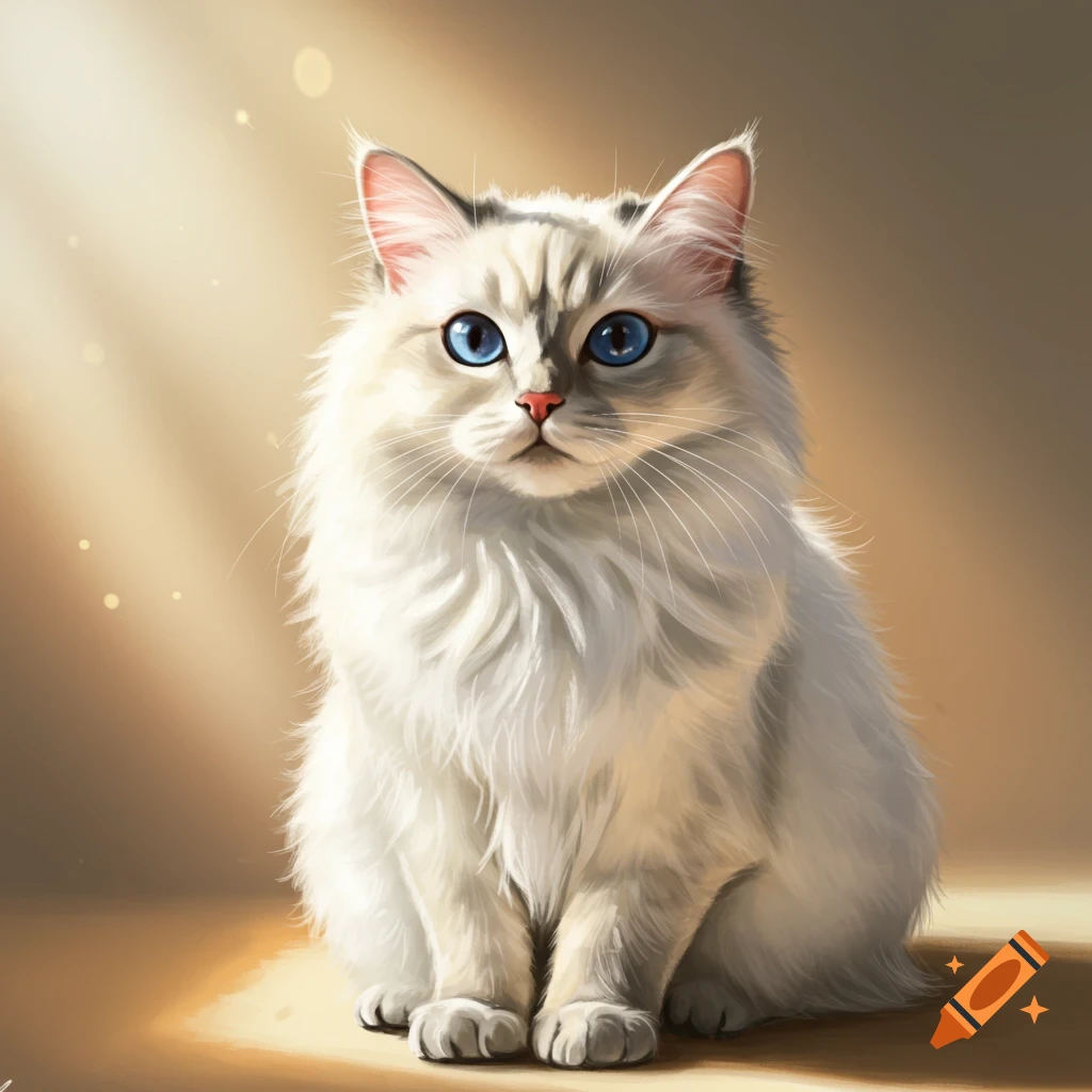 A fluffy white cat with bright blue eyes sits looking forward.