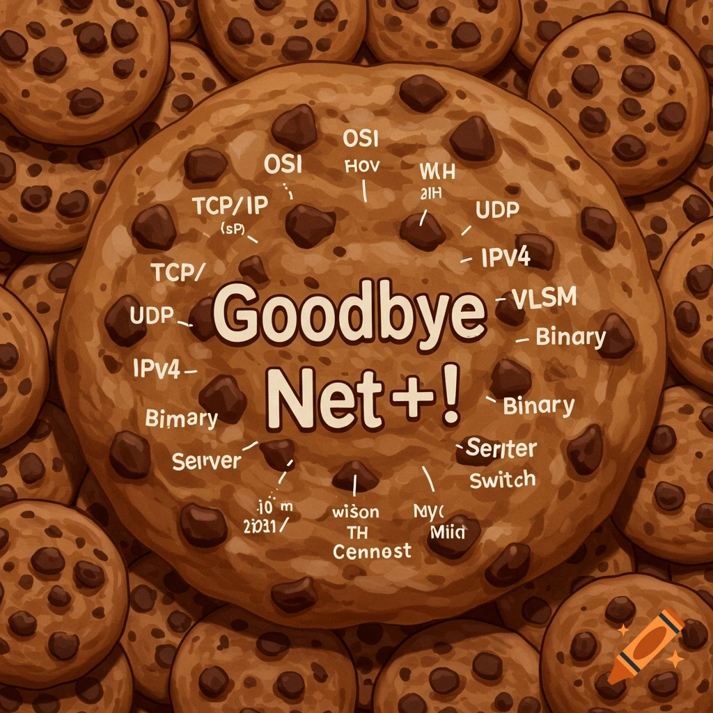 A large chocolate chip cookie with text, surrounded by many smaller chocolate chip cookies.