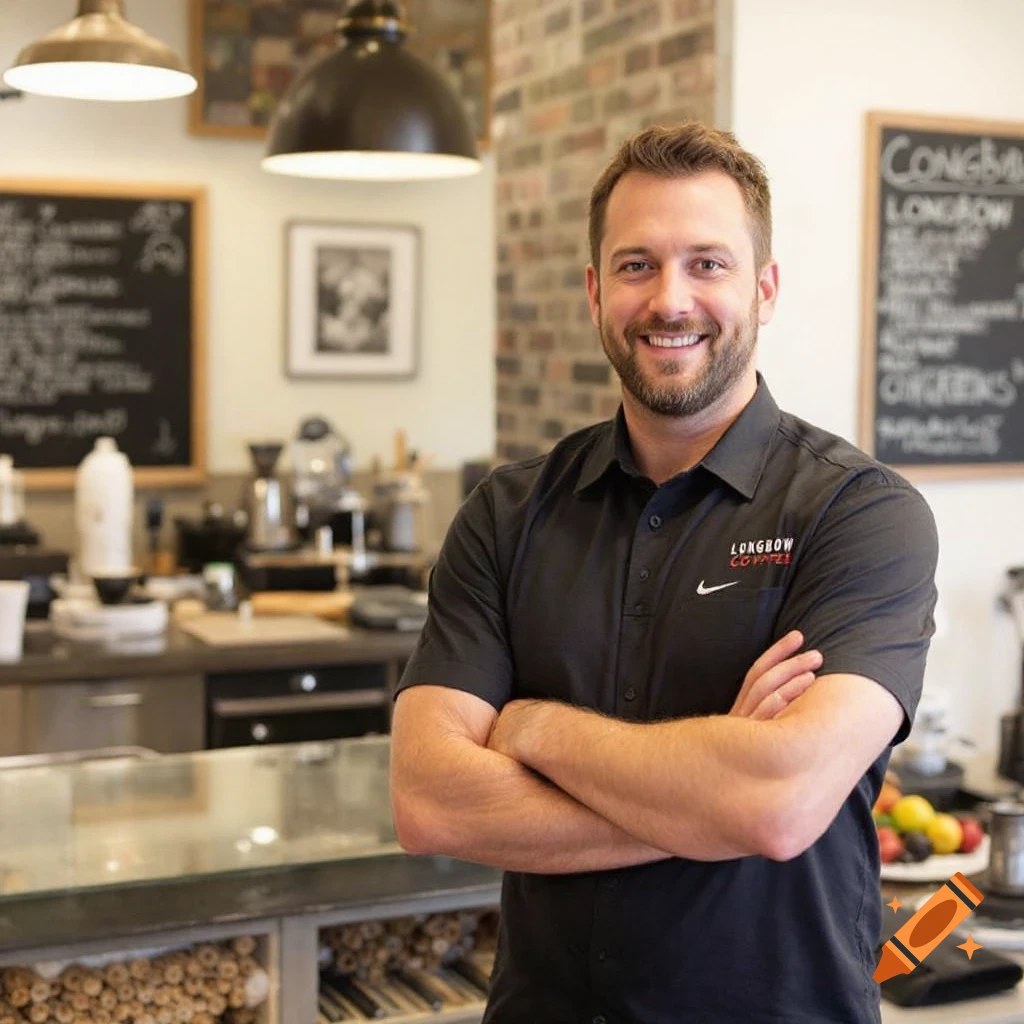 A man with a beard smiles at the camera, standing in a coffee shop with arms crossed.