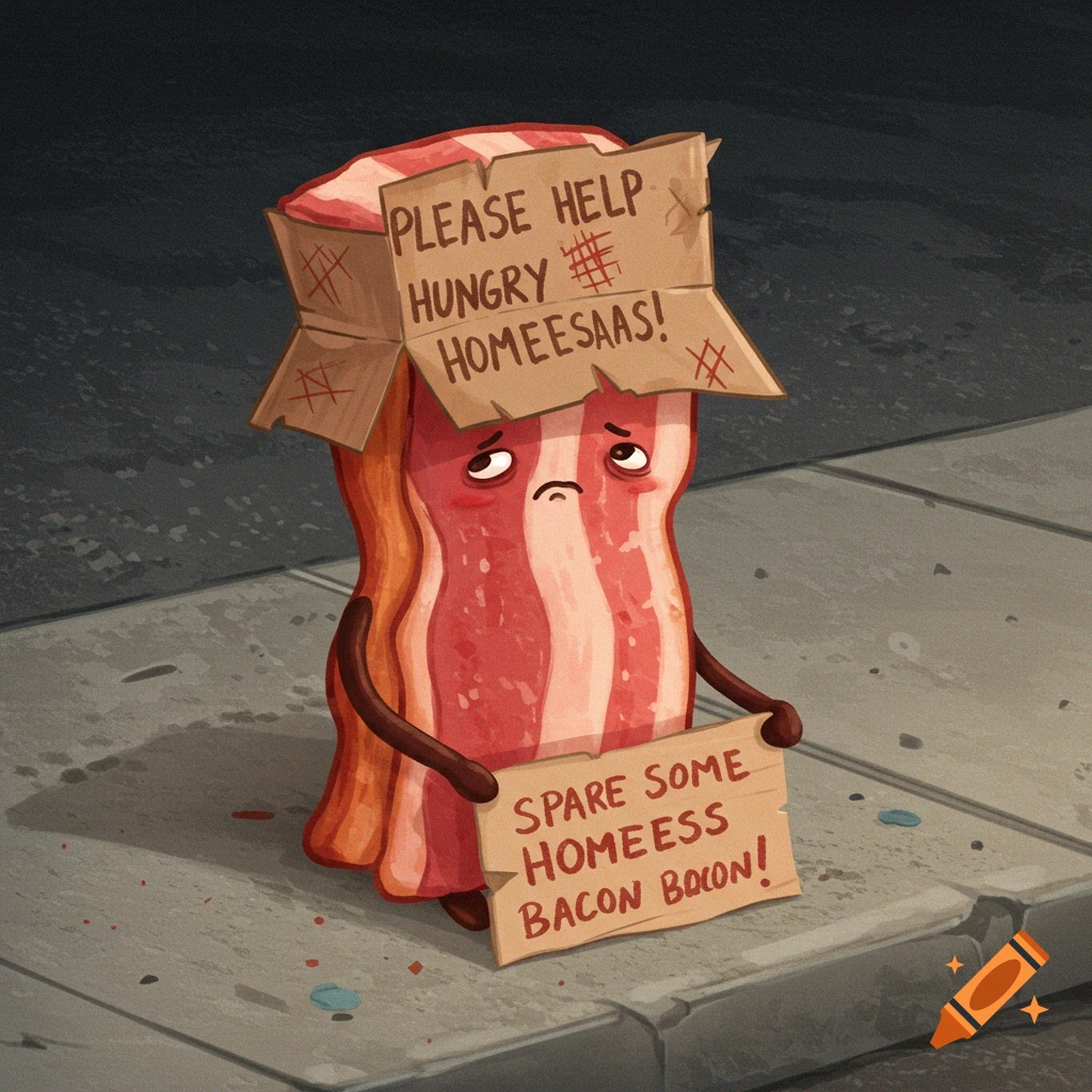 A sad cartoon bacon strip stands on a sidewalk, wearing a box hat and holding signs asking for help and bacon.
