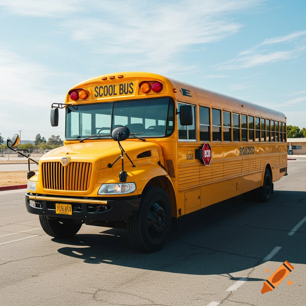 A yellow school bus is parked in a paved lot on a sunny day.