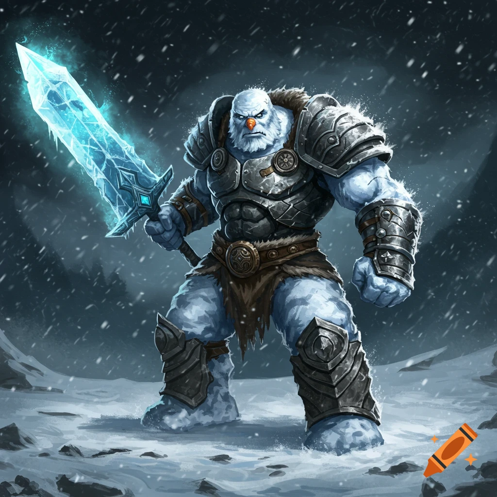 A muscular snowman warrior in fantasy armor stands in a snowy landscape, holding a glowing ice sword.