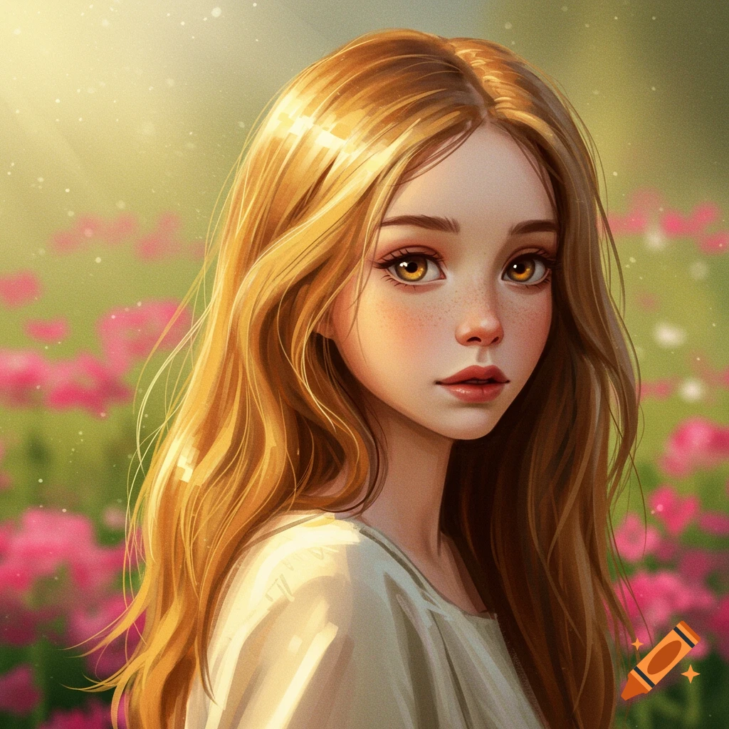 A stylized portrait of a young girl with long golden-brown hair and amber eyes, set against a soft background of pink flowers.