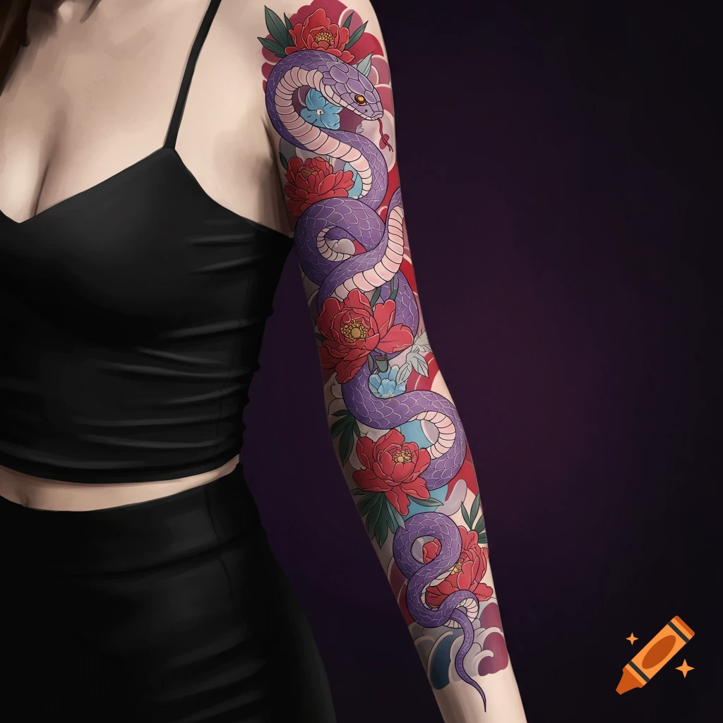 Close-up of a woman's arm with a vibrant tattoo featuring a purple snake and colorful flowers.