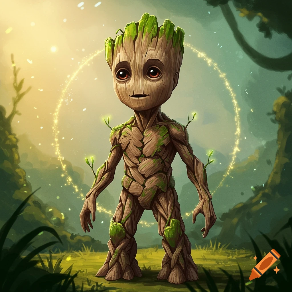 Baby Groot stands in a sunlit forest with a glowing ring behind him.