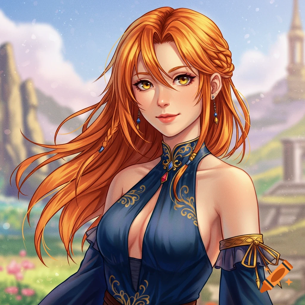 Illustration of an orange-haired woman in a blue dress in a fantasy landscape