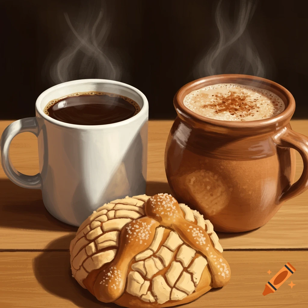 Digital illustration of a mug of black coffee, a clay mug of cafe de olla, and pan dulce on a wooden table.